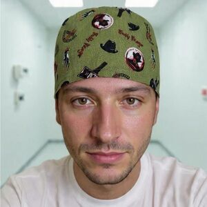 Olive Green Printed Skull & Hat Surgical Scrub Cap